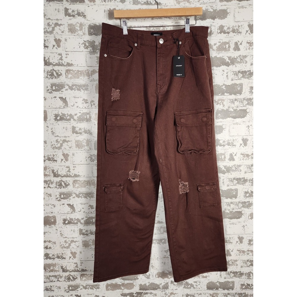 Forever 21 Cargo Pants Denim Dark Cocoa Straight Leg Distressed High Rise Casual